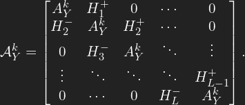 \[ \mathcal{A}^k_Y = \begin{bmatrix} A^k_Y & H^{+}_1 & 0 & \cdots & 0 \\ H^{-}_2 & A^k_Y & H^{+}_2 & \cdots & 0 \\ 0 & H^{-}_3 & A^k_Y & \ddots & \vdots \\ \vdots & \ddots & \ddots & \ddots & H^{+}_{L-1} \\ 0 & \cdots & 0 & H^{-}_L & A^k_Y \end{bmatrix}. \]
